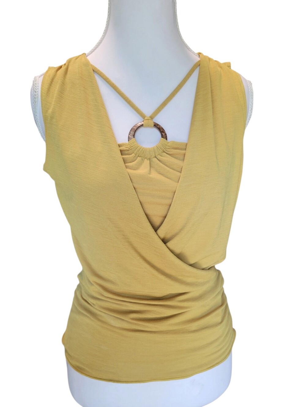 90s Y2K IZ Byer California Yellow O-ring Double Layer Vneck Blouse